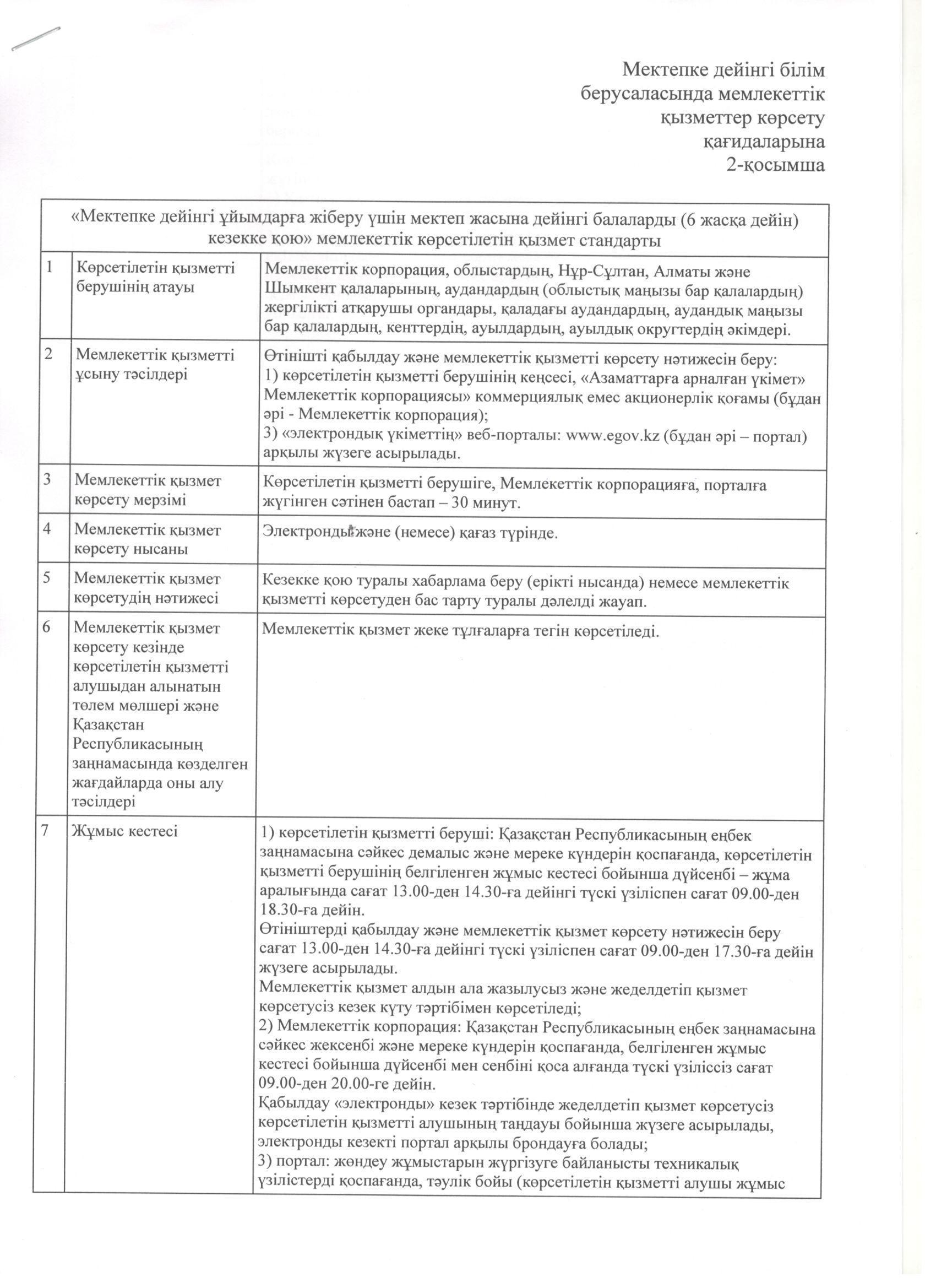 "Мектепке дейінгі ұйымдарға жіберу үшін мектеп жасына дейінгі балаларды (6 жасқа дейін) кезекке қою" мемлекеттік көрсетілетін қызмет стандарты